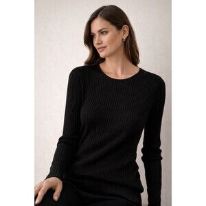 100% Silk Black Ribbed Sweater Lightweight Fitted Long Sleeve Minimalist